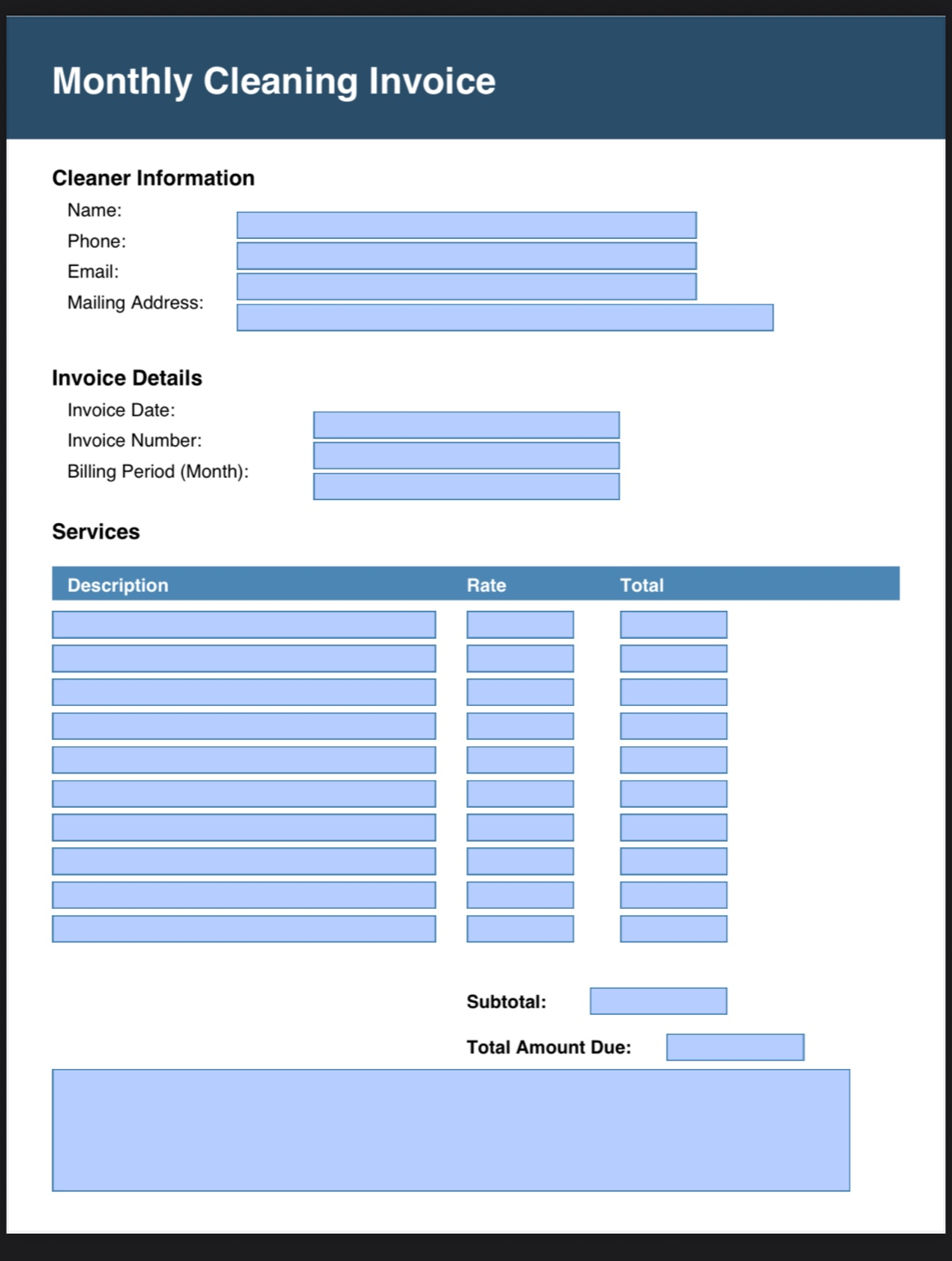 Monthly Cleaning Invoice PDF screenshot